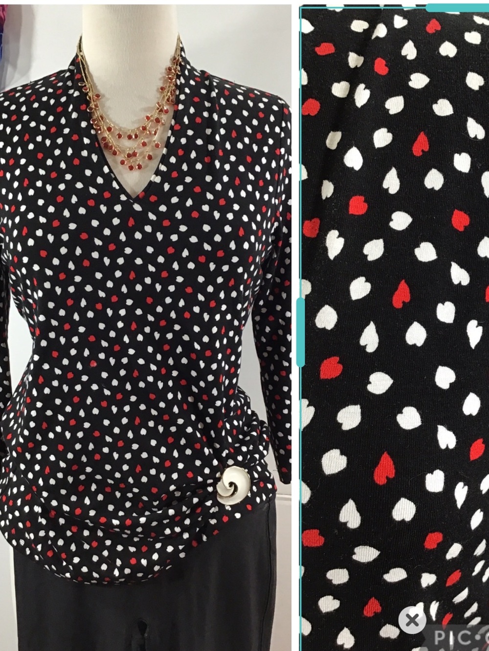 Chico’s  Black V-Neck knit top with red and white Heart Print S